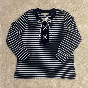 LOFT Striped Cotton Knit Top with Lace-Up Detail XS